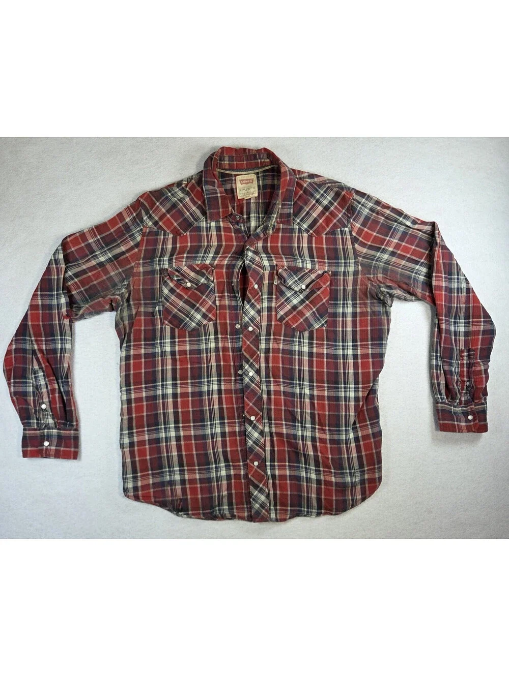 Levis Mens Large Red Blue Plaid Flannel Western Pearl Snap Rodeo Work Shirt FLAW